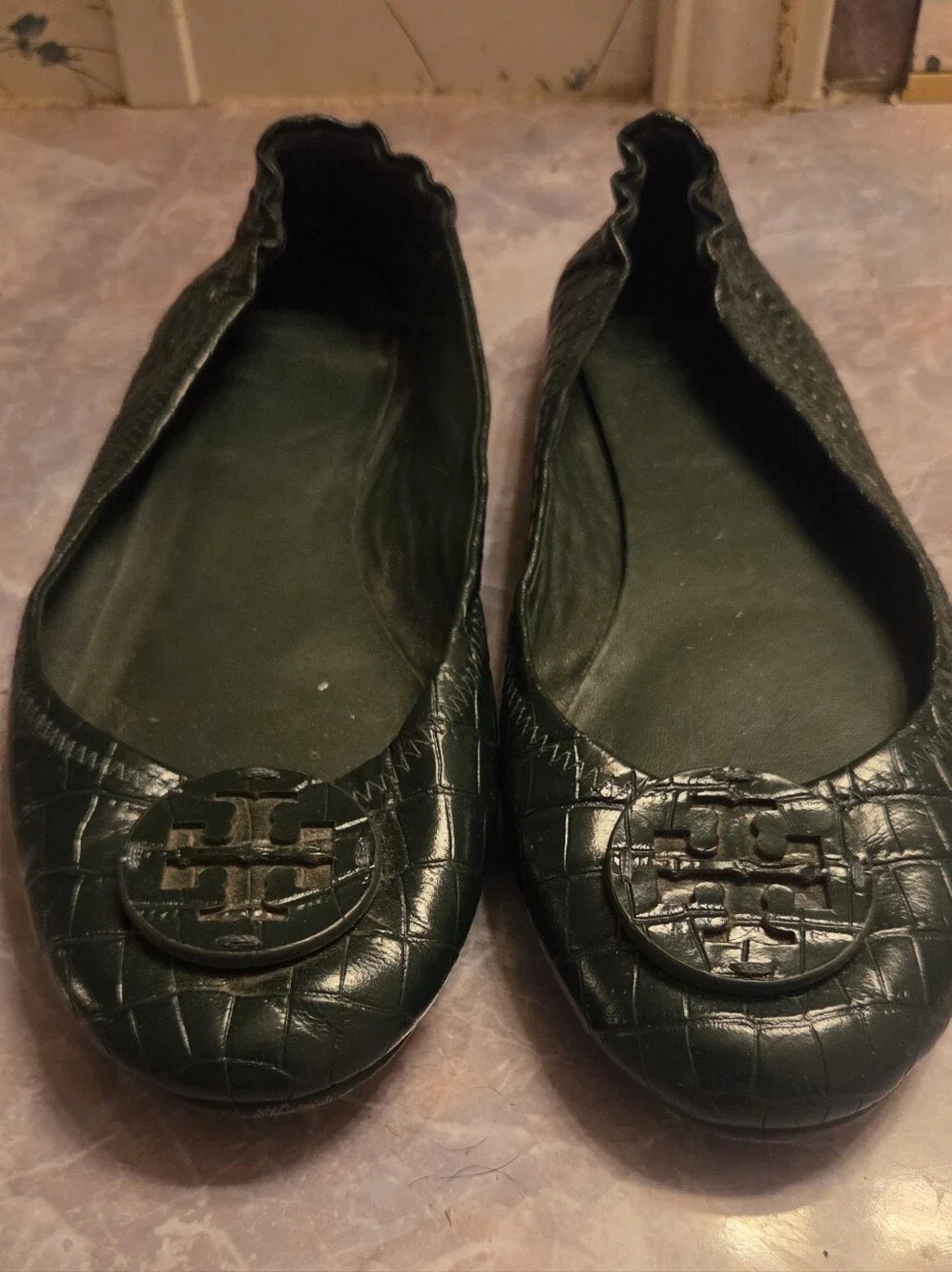 Tory Burch Dark Green Croc-Embossed Logo Ballet Flats
